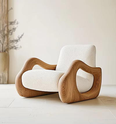 Elegant Modern Single Sofa Design With Cream Fabric Wooden Curved Arms And Minimalist Style 3d model