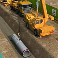 Road Infrastructure Construction Site Featuring Pipeline Installation Trenching Vehicles And Green Barriers