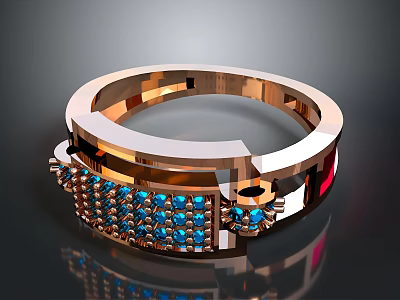 Elegant Gold Ring With Blue And Red Gemstones And Abacus Bead Structure 3d model