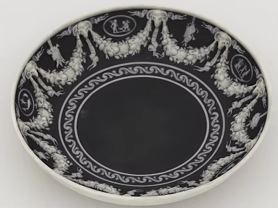 Decorative Ceramic Kitchenware Plate With White Dragon Patterns Circular Emblems And Spiral Edge Design 3d model