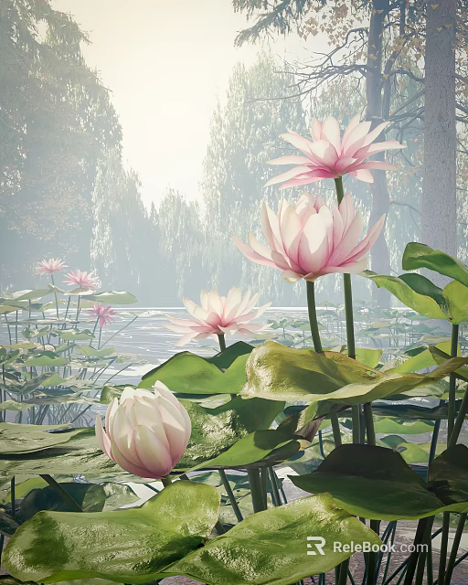 Pink Lotus Flowers Blooming With Green Lily Pads In Sunlit Pond Surrounded By Trees 3d model 