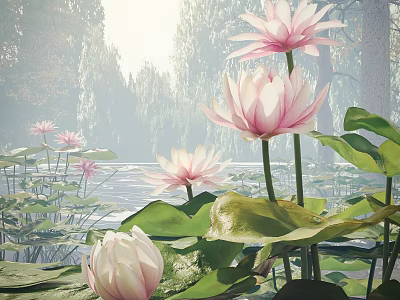 Pink Lotus Flowers Blooming With Green Lily Pads In Sunlit Pond Surrounded By Trees 3d model
