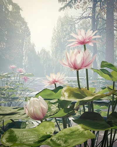 Pink Lotus Flowers Blooming With Green Lily Pads In Sunlit Pond Surrounded By Trees 3d model