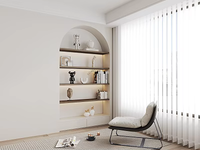 Modern Wall Shelving Unit in Bright Room Arch Niche With Decorative Items Books Vases 3d model
