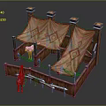 Medieval Wooden Market Stall Structure With Canopy Cloth Geometric Patterns Pillars Fence And Benches