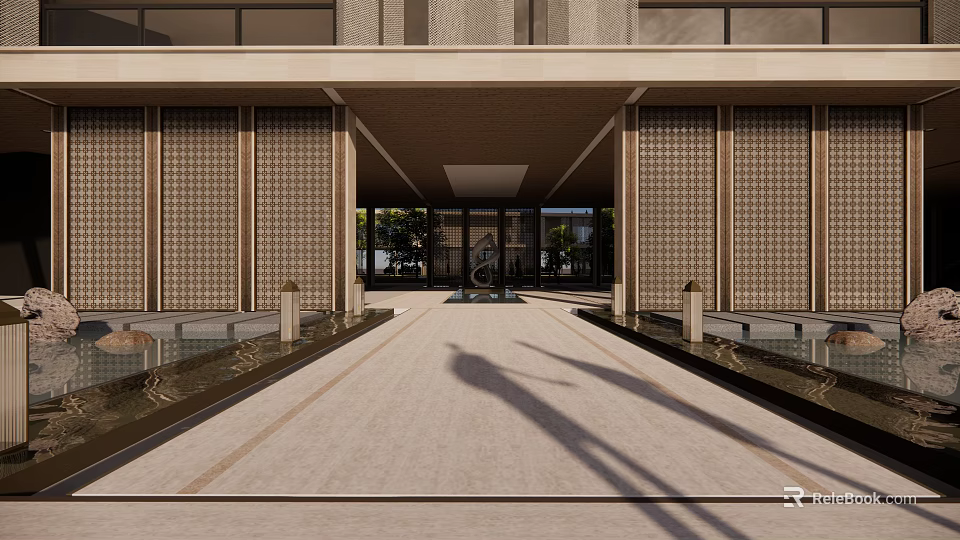 Modern Building Entrance With Paved Ground Glass Doors And Side Water Features 3d model 