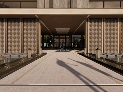 Modern Building Entrance With Paved Ground Glass Doors And Side Water Features 3d model