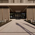 Modern Building Entrance With Paved Ground Glass Doors And Side Water Features