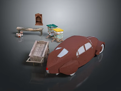 Vintage Car Model And Wooden Scenery Components With Bench Crate House And Shelf 3d model