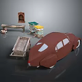 Vintage Car Model And Wooden Scenery Components With Bench Crate House And Shelf