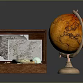 Vintage Decorative Ornament Set With Wooden Box Globe Maps And Small Decorative Pieces
