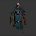 Fantasy Elf Warrior Character With Bald Head Facial Markings Blue Cloak And Silver Armor