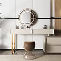 Modern Dressing Table With Round Gold Frame Mirror Light Countertop Brown Stool And Cabinet 3d model
