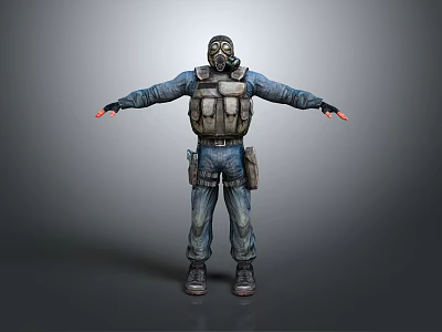 Tactical Character Wearing Protective Mask Blue Work Uniform And Vest Standing With Open Arms 3d model