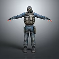 Tactical Character Wearing Protective Mask Blue Work Uniform And Vest Standing With Open Arms