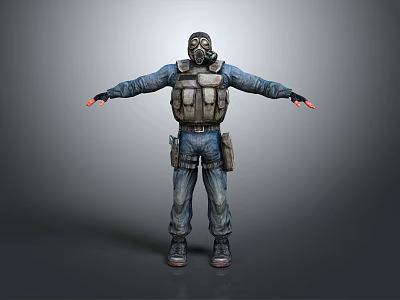Tactical Character Wearing Protective Mask Blue Work Uniform And Vest Standing With Open Arms 3d model