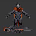 Futuristic Armored Warrior With Black Silver Armor Orange Cape And Chainsaw Gun Weapon