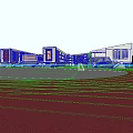 Modern School Building With Red Track Playground Colorful Flags Spectators And Students Running