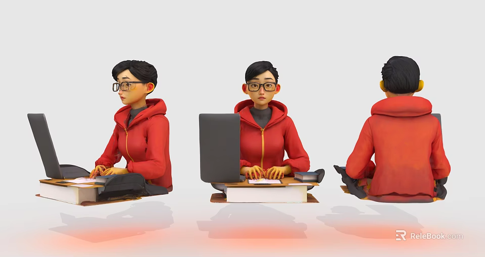 Woman in Red Hoodie Using Laptop While Sitting at Desk from Three Angles 3d model 