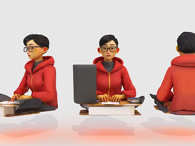 Woman in Red Hoodie Using Laptop While Sitting at Desk from Three Angles 3d model