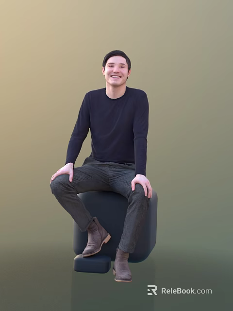Man in black long-sleeve top and dark pants sitting on cylinder with light green background 3d model 