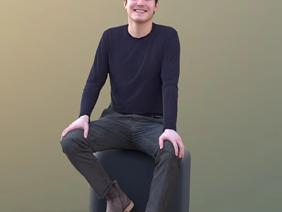 Man in black long-sleeve top and dark pants sitting on cylinder with light green background 3d model