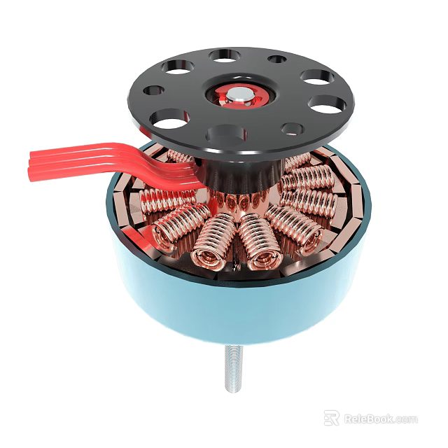 Electric Motor Internal Component With Copper Coils Black Top Red Part And Blue Base 3d model