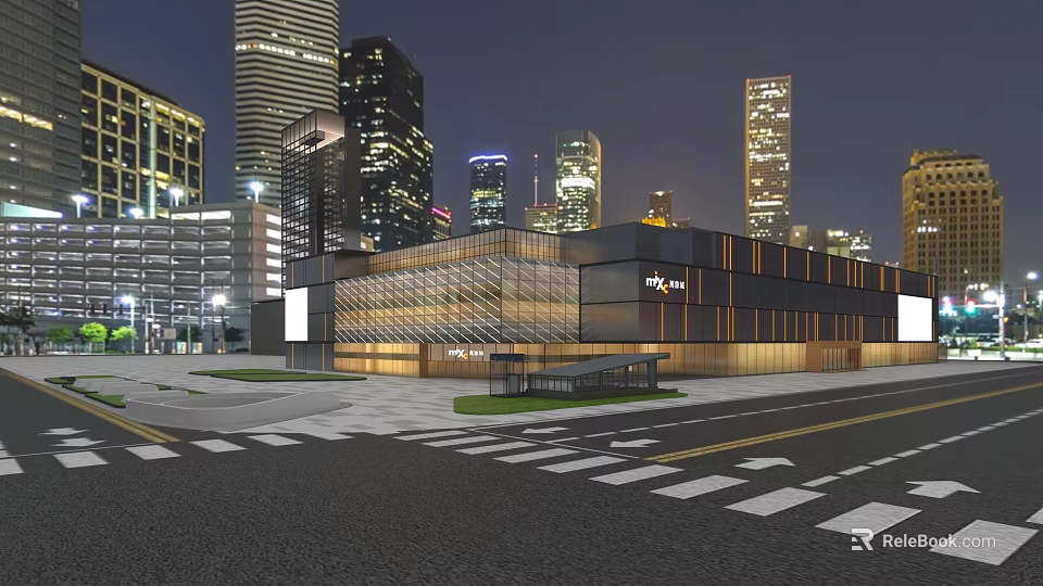 Modern Shopping Mall Lobby With Evening Urban Skyline And Bright Illuminated Lights 3d model 