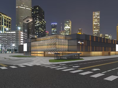 Modern Shopping Mall Lobby With Evening Urban Skyline And Bright Illuminated Lights 3d model