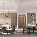 Modern Pantry Interior Design With Dining Tables Chairs Hanging Lights And Cabinets 3d model