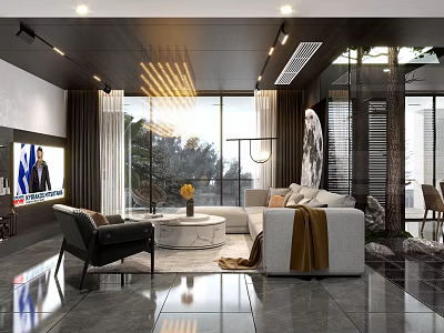 Modern Living Dining Room Interior With Sofa Coffee Table And Pendant Lighting 3d model