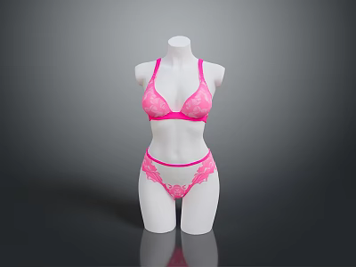 Pink Women's Lingerie Set With Lace Bra And Underwear On Mannequin 3d model