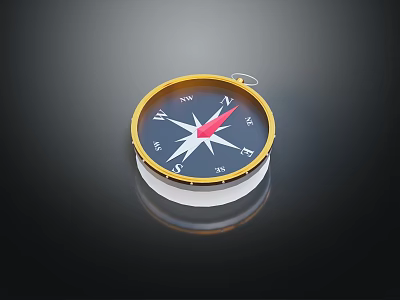 Golden Framed Compass Decorative Ornament Set With Red Needle And Black Background 3d model