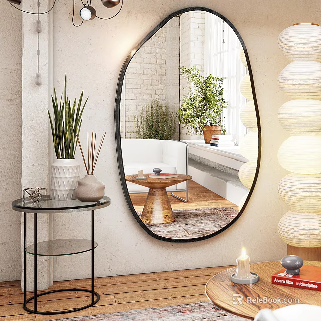 Modern Living Room Home Decor With Oval Mirror Green Plants And Glass Table 3d model 