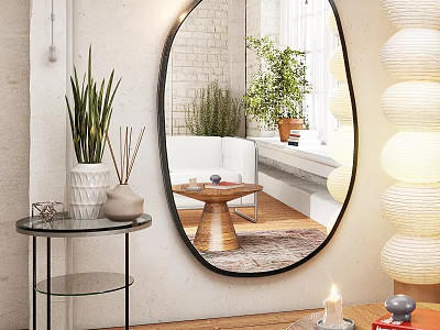 Modern Living Room Home Decor With Oval Mirror Green Plants And Glass Table 3d model