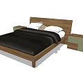 Wooden Frame Double Bed With Black Bedding White Pillows And Green Side Nightstands