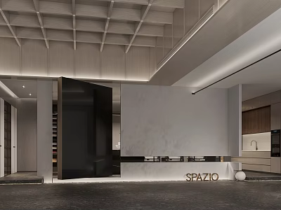 Contemporary Interior Space With Marble Wall Black Structure And Wooden Ceiling Design 3d model