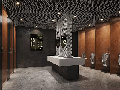 Modern Other Restroom Interior With Dark Walls And Wooden Partitions 3d model