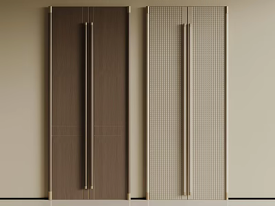 Modern Wardrobe Doors With Wooden Finish Grid Pattern And Golden Handles 3d model
