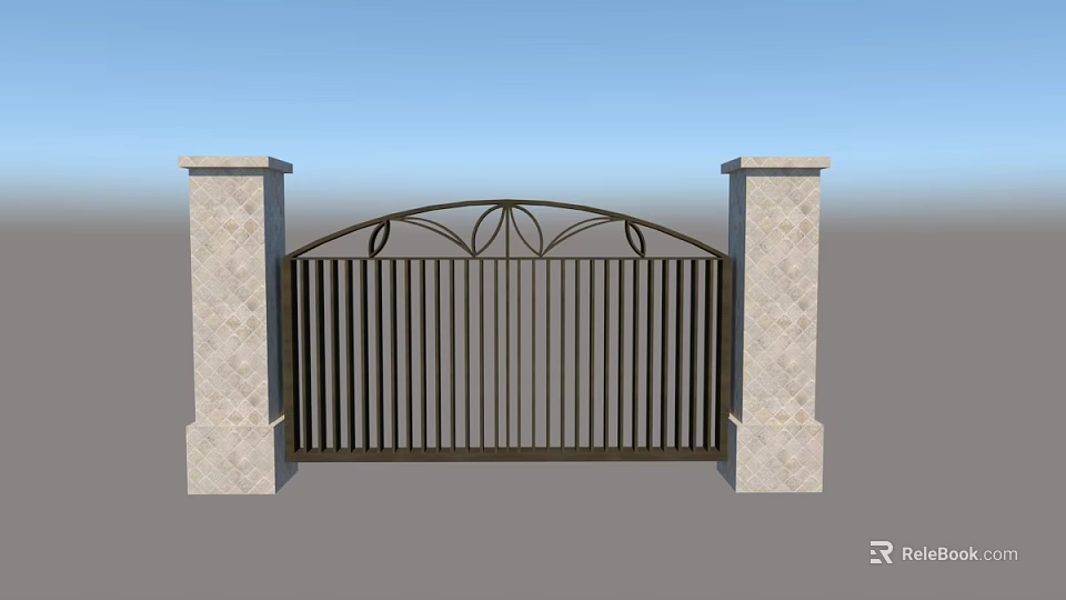 Decorative Metal Entry Gate With Arched Top And Stone Pillars 3d model 