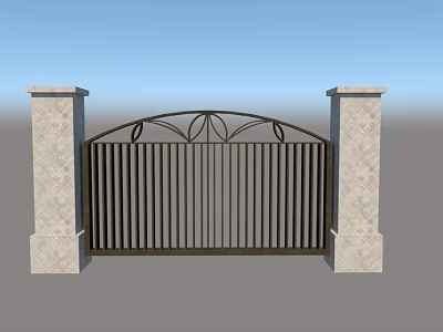 Decorative Metal Entry Gate With Arched Top And Stone Pillars 3d model