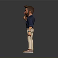 A Man in Blue Shirt White Pants Hand on Chin Thinking Pose against Gray Background