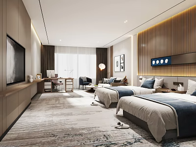 Modern Hotel Guest Room With Twin Beds TV Desk Chair And Carpet 3d model