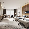 Modern Hotel Guest Room With Twin Beds TV Desk Chair And Carpet