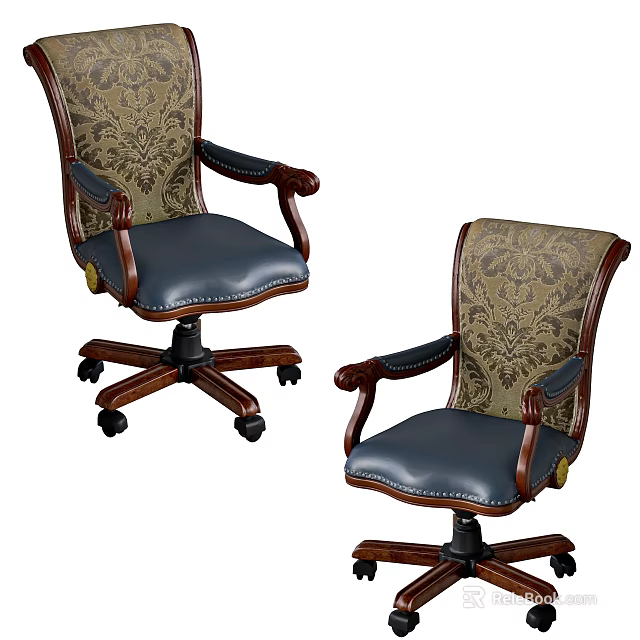 Traditional Elegant Office Chair With Wooden Armrests Fabric Backrest Leather Seat And Wheels 3d model 