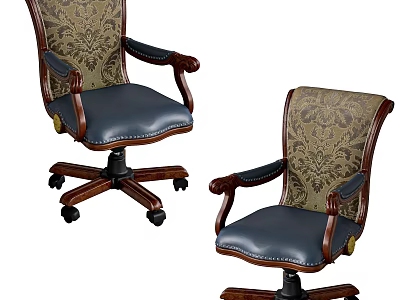 Traditional Elegant Office Chair With Wooden Armrests Fabric Backrest Leather Seat And Wheels 3d model