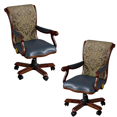 Traditional Elegant Office Chair With Wooden Armrests Fabric Backrest Leather Seat And Wheels 3d model