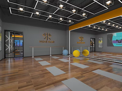 Modern Fitness Studio Interior With Wooden Flooring Gray Walls Ceiling Lights Mirrors And Fitness Balls 3d model