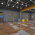 Modern Fitness Studio Interior With Wooden Flooring Gray Walls Ceiling Lights Mirrors And Fitness Balls