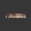 Vibrant red flowers decorating circular stone fountain on stone slab platform